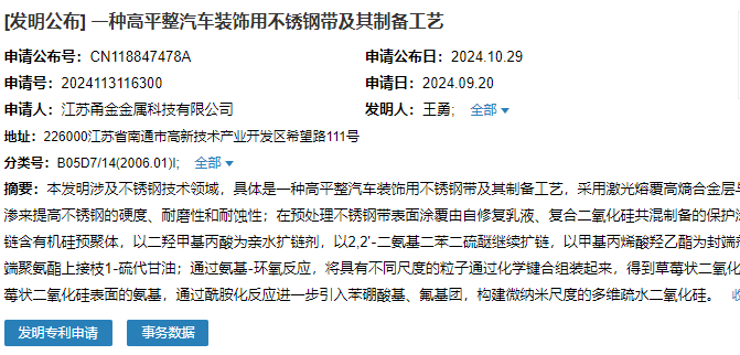 江蘇甬金成功申請“一種高平整汽車裝飾用不銹鋼帶及其制備工藝”專利